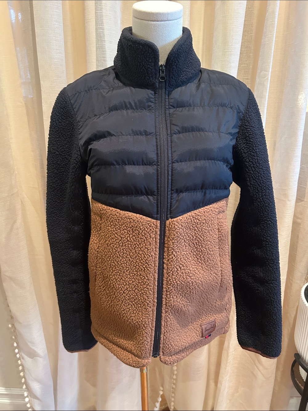 Herschel Supply Company Black and Brown Two-Tone Teddy Jacket zip pockets small